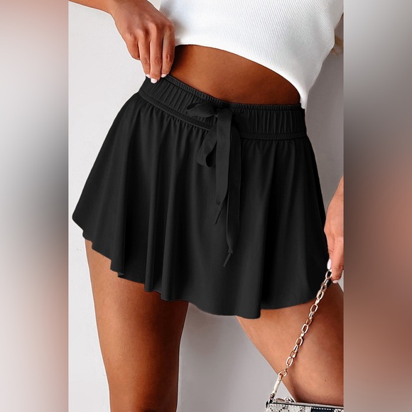 Pants - Black Drawstring Waist Flowy Women's Athletic Skort